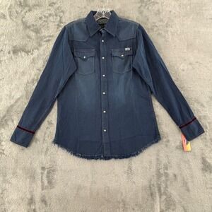 2OH Threads Western Denim Peace Sign Snap Shirt Womens XS Frayed Hem Velvet Trim